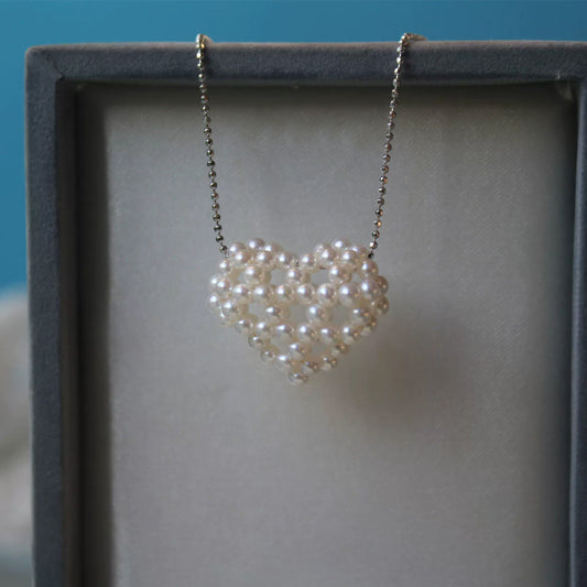 Handmade Woven Heart Necklace — Natural Freshwater Pearl