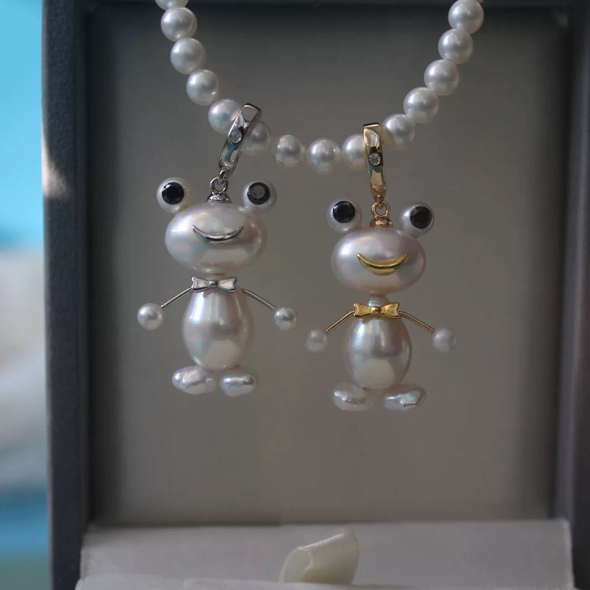 Set of 2 Handmade Frog Prince Pendants with Natural Baroque Pearls