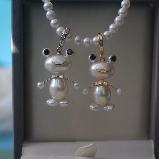 Set of 2 Handmade Frog Prince Pendants with Natural Baroque Pearls