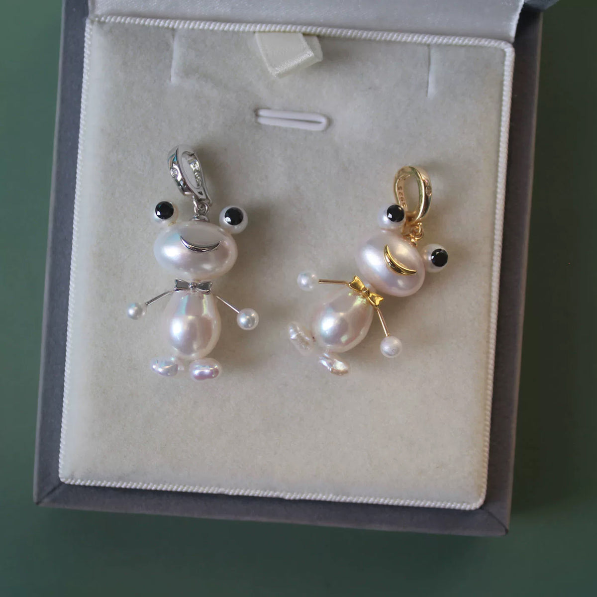 Set of 2 Handmade Frog Prince Pendants with Natural Baroque Pearls