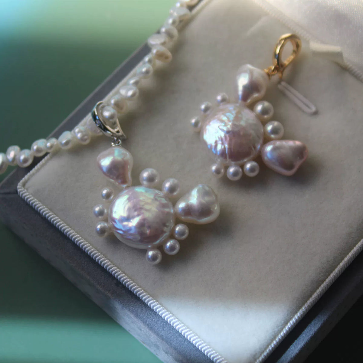 Set of 2 Cute Crab Pendants with Natural Baroque Pearls